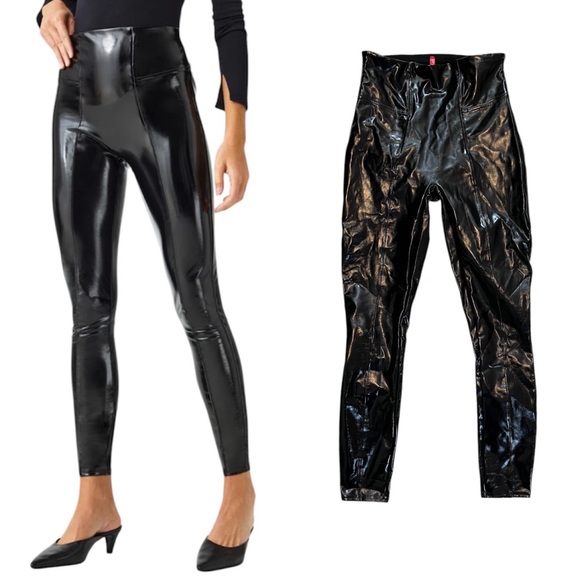 Spanx Faux Leather Patent High Shine Classic Black Leggings Small - Picture 2 of 4